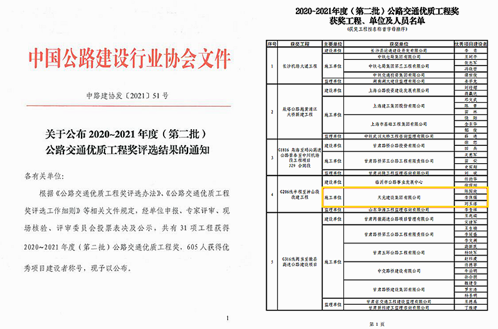 集团投资承建的G206新西外环工程获得我国公路建设最高奖李春奖(图1)